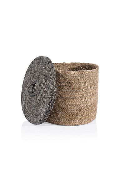 Koza Home Meander Patterned Water Hyacinth Black Basket with Lid - 37X32 5056