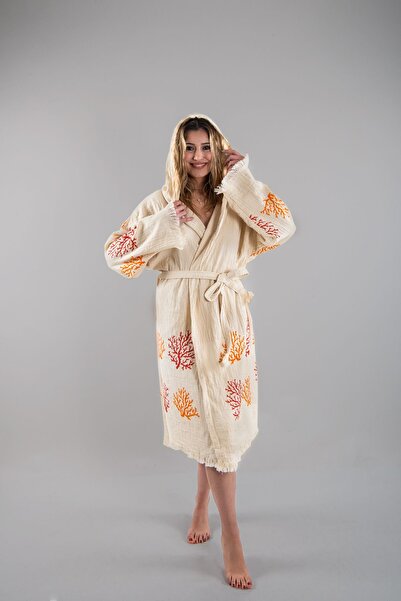 REİNA TEKS Peshtemal Bathrobe Cotton Beach Orange Yellow Coral Pattern 1 Piece Unisex Beachwear Kimono Kaftan