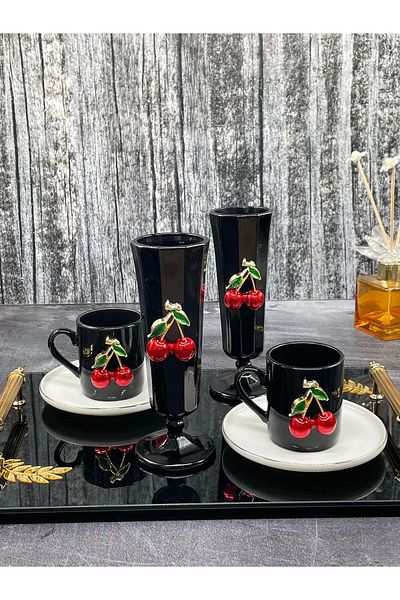 YzHome 2 Person Black Gilded Porcelain Cherry Coffee Cup Set Presentation Cup and 2 Glass Coffee Cups
