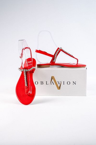 Oblavion Lavion New Season Genuine Leather Red Round Stoned Daily Women's Sandals