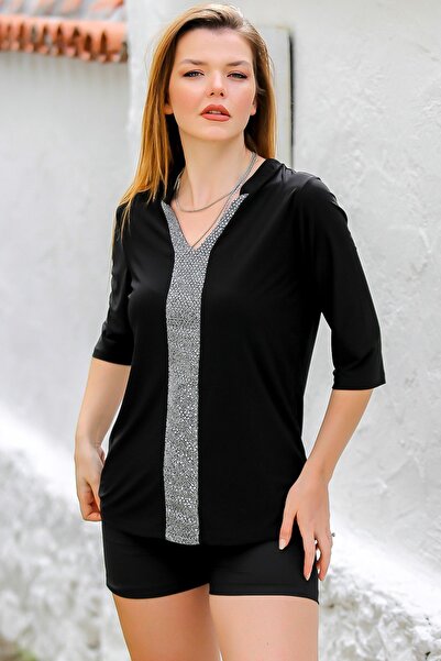 Chiccy Μαύρη πλεκτή μπλούζα με ρίγες V λαιμόκοψη - 3/4 μανίκι Casual