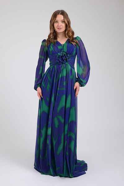 SpringStore Rochie de seara smarald cu maneca lunga - Design cu talie trandafir