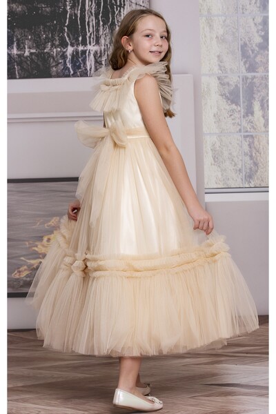 SÜSLÜ PİNK KİDS KIZ ÇOCUK TÜLLÜ UZUN ELBİSE