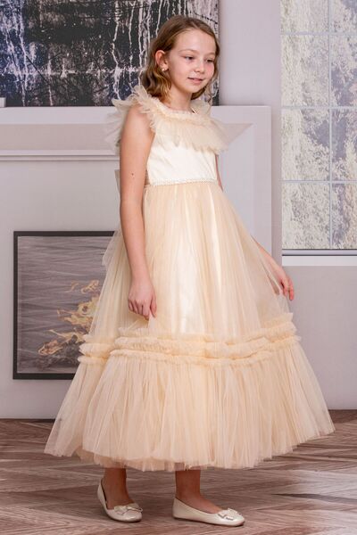 SÜSLÜ PİNK KİDS KIZ ÇOCUK TÜLLÜ UZUN ELBİSE