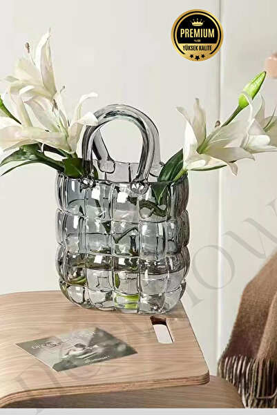 NEWNOW Dekoratif Kare Model Çanta Şeklinde Cam Vazo | Zarif Tasarım Çanta Cam...