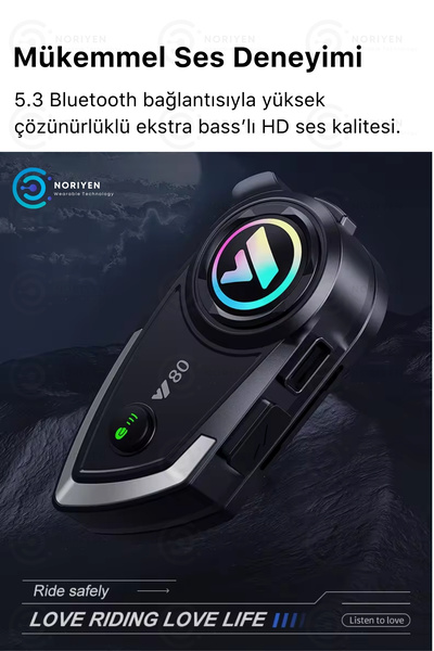 Noriyen Y80 Yeni Nesil Motosiklet Kask Interkom Mikrofonlu Gürültü Engelleyici Işıklı 5.3 Bluetooth Kulaklık