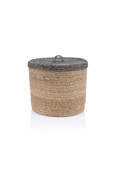 Koza Home Meander Patterned Water Hyacinth Black Basket with Lid - 37X32 5056