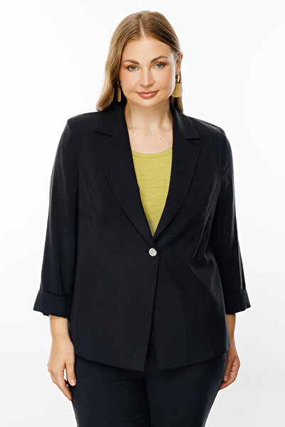 Ekol Women's Black Jacket - Double Sleeve, Single Button, Model 5626