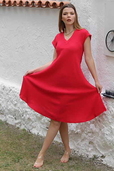 Chiccy Red Muslin Dress - Organic Cotton, V-Neck, Oval Skirt, Low Sleeve, Midi Length