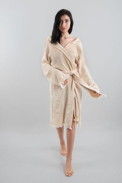 REİNA TEKS Peshtemal Bathrobe Cotton Beach Patternless Muslin Fabric 1 Piece Unisex Beachwear Kimono Kaftan