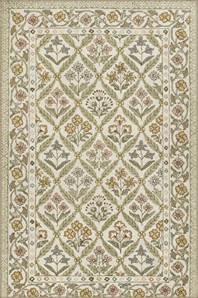 Rugs Modern Halı Krem Baklava İçinde Buket Çiçekli Temalı Dekoratif Yıkanabil...