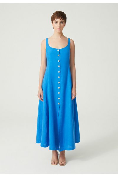 Just Like You Blue Linen Maxi Dress - Buttoned Front and Straps