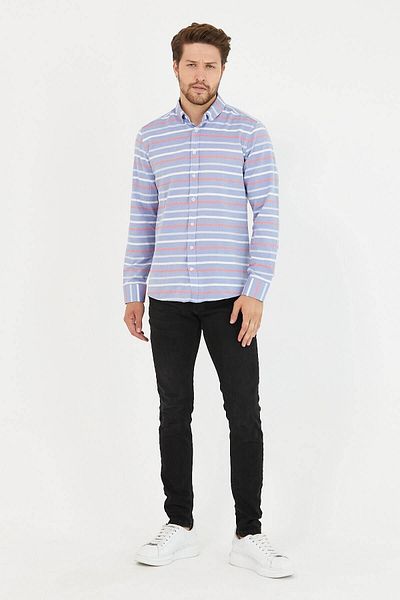 RAVANELLI Blue Claret Red Striped Slim Fit Men's Shirt - Long Sleeve