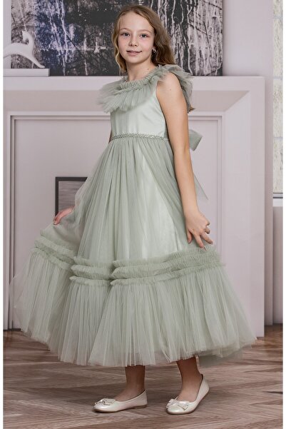 SÜSLÜ PİNK KİDS KIZ ÇOCUK TÜLLÜ UZUN ELBİSE