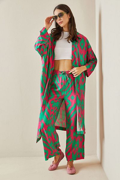 XHAN Fuchsiafarbenes gemustertes Kimono-Set - 5YXK8-48668-07