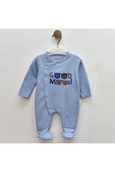 Tiny World Good Mood Printed Side Open Booties Jumpsuit with Teddy Bear