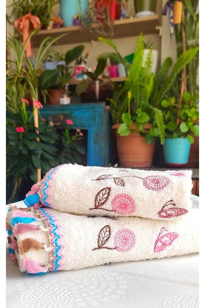 Z&N STYLE Σετ πετσετών Flower Butterfly Embroidered Tassel Curl 30x50 1 Τεμάχιο + 50x90 1 Τεμάχιο Σετ 2 τεμ.