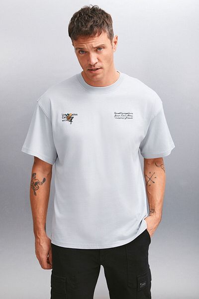 GRIMELANGE Kastel Herren-T-Shirt mit Print, 100 % Bio-Baumwolle, reguläre Passform, kurze Ärmel, Grau