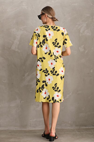 Miss Dünya Lissa Hamile Baskılı Midi Kısa Kol Yandan Cepli Elbise