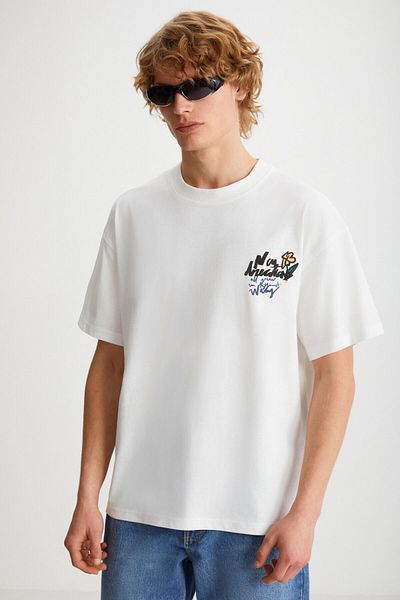 GRIMELANGE KAILEN Men's 100% Cotton Short Sleeve Printed Ecru T-Shirt