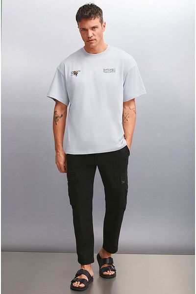 GRIMELANGE Kastel Herren-T-Shirt mit Print, 100 % Bio-Baumwolle, reguläre Passform, kurze Ärmel, Grau