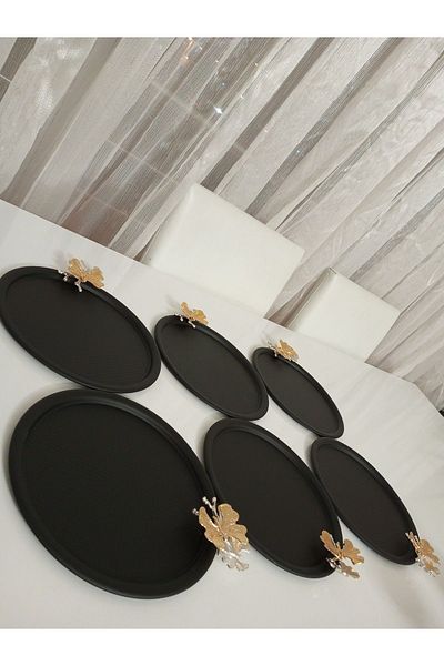AZRAM HOUSE Decorative 6-Piece Black Round Presentation Tray with Butterfly Accessories