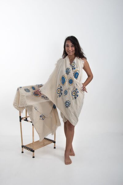 REİNA TEKS 90x180 Peshtemal Evil Eye Bead Eye Bumbac țesătură muselină galben...