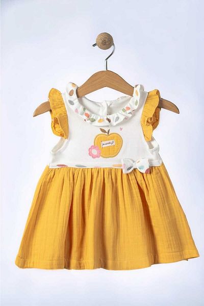 dinamik çocuk Apple Embroidered Baby Collar Baby Girl Dress - 100% Cotton, Muslin Bottom, 3-24 Months