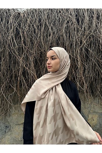 shalby Hijab Silky Cotton Jacquard Large Houndstooth Patterned Shawl Mink