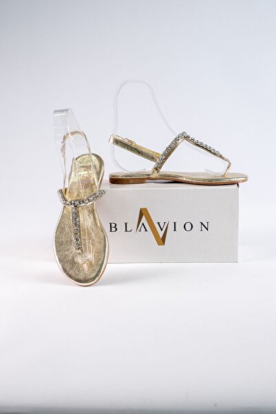 Oblavion Lavion New Season Genuine Leather Gold Round Stoned Daily Women's Sandals