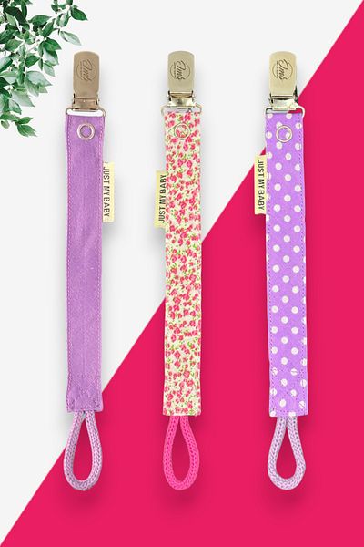 JMB Just My Baby Purple/Pink Floral Patterned Pacifier Strap - Set of 3 - Cotton Washable