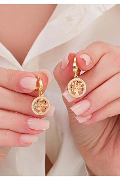 Tmt Silver GÜMÜŞ Altın Kaplama Renkli Zirkon Taşlı Aile Ağacı Hayat Ağacı  KÜPE