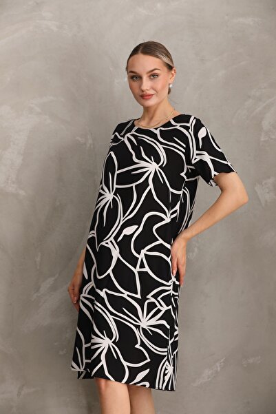 Miss Dünya Lissa Hamile Baskılı Midi Kısa Kol Yandan Cepli Elbise