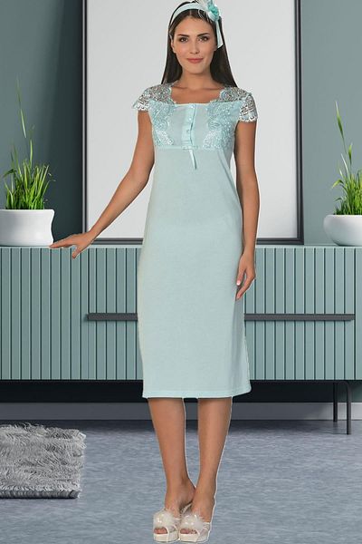 Mecit Pijama 2-Piece Tulle Detailed Short Sleeve Nightgown Set for Maternity and Pregnant Women - with Dressing Gowns