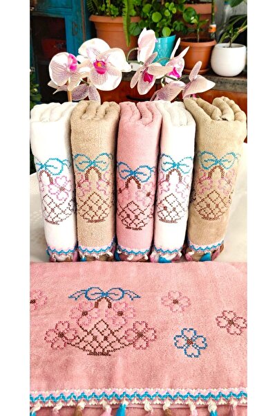 Z&N STYLE Annem Çeyizlik 50x90 см. Канавече з квітковим візерунком, з бахромою, оксамитовий набір рушників, 6 штук