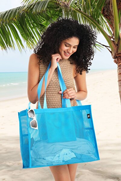 ELEPHANT ÇANTA Geantă de plajă pentru femei - Dimensiune mare 39x50cm Geantă de plajă albastru deschis cu 1 fermoar și 2 compartimente de buzunar fără fermoar
