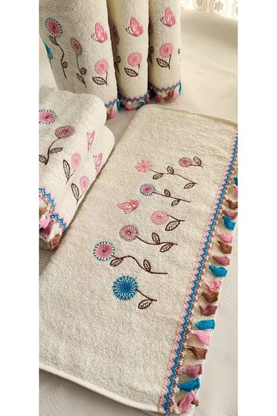 Z&N STYLE Curly Dowry with Flower Butterfly Embroidery and Tassels (50X90 3 PCS30X50 3AD.)Set of 6 Hand and Kitchen Towels