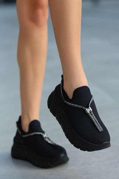 LEYDİ SHOES Stone Detailed Tie Knitwear Black Women's Sports Shoes