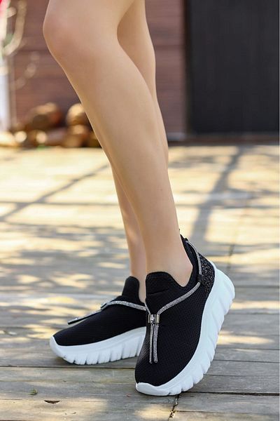 LEYDİ SHOES Stone Detailed Tie Knitwear Black Women's Sports Shoes