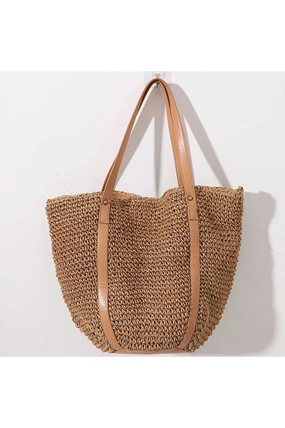 FASHION COCKTAIL Вносна сламена чанта Soft Beach Beach - овална кожена основа, слама и кожена дръжка, подплатена