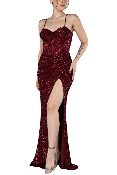 Arden Uzun Abiye, Askılı Pullu Abiye | Balen Korseli Yırtmaçlı, Siyah, Saks, ...