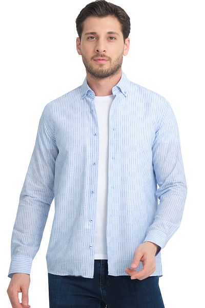 Varetta Ανδρικό ριγέ λινό πουκάμισο - Floral Blue, Χωρίς τσέπες, Φαρδιά κοπή, Μακρύ μανίκι