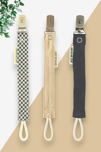 JMB Just My Baby 3-Piece Pacifier Holder - Black Checked/Beige/Smoked - Washable - Cotton