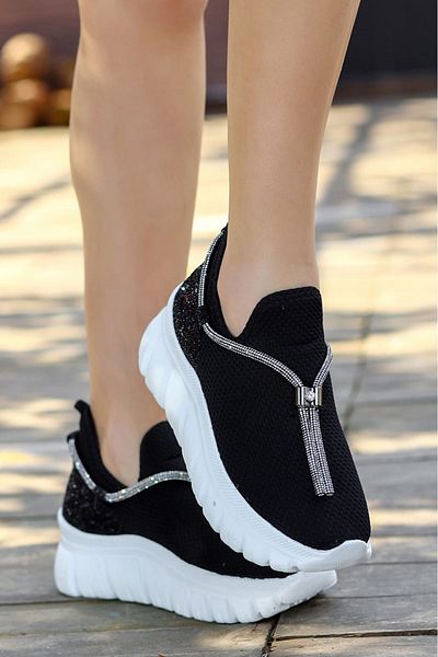 LEYDİ SHOES Stone Detailed Tie Knitwear Black Women's Sports Shoes