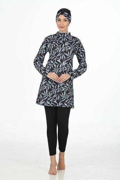 Fantasy Black Patterned Hijab Swimsuit - Oversize, Stand Collar, Lycra, Long Sleeve 3304