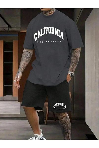 FAVORİST Black California Printed Oversize Men's T-shirt and Shorts Set