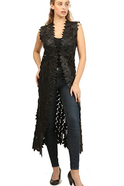 Zamback Gerçek Deri'den Yaprak Desenli 130cm Maksi Yelek