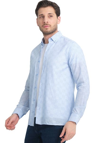 Varetta Ανδρικό ριγέ λινό πουκάμισο - Floral Blue, Χωρίς τσέπες, Φαρδιά κοπή, Μακρύ μανίκι