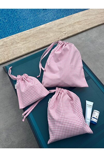 Sumicorn Design Pembe Pötikareli Ekolojik Bez Kese, Büzgülü İpli Bavul Düzenl...