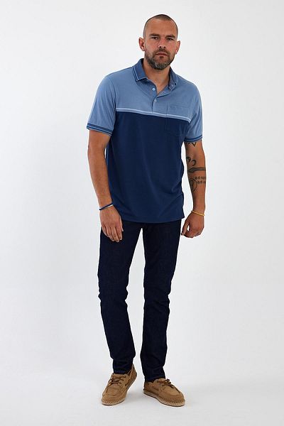 ENQUE Tricou de bază pentru bărbați, cu gât polo, cu buzunar, lung și albastru